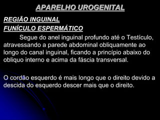 APARELHO UROGENITAL
REGIÃO INGUINAL
FUNÍCULO ESPERMÁTICO
Segue do anel inguinal profundo até o Testículo,
atravessando a parede abdominal obliquamente ao
longo do canal inguinal, ficando a princípio abaixo do
obliquo interno e acima da fáscia transversal.
O cordão esquerdo é mais longo que o direito devido a
descida do esquerdo descer mais que o direito.
 