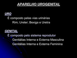 APARELHO UROGENITAL
URO
É composto pelas vias urinárias
Rim; Ureter; Bexiga e Uretra
GENITAL
É composto pelo sistema reprodutor
Genitálias Interna e Externa Masculina
Genitálias Interna e Externa Feminina
 