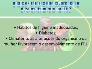 • Hábitos de higiene inadequados;
• Diabetes;
• Climatério: as alterações do organismo da
mulher favorecem o desenvolvimento de ITU;
 