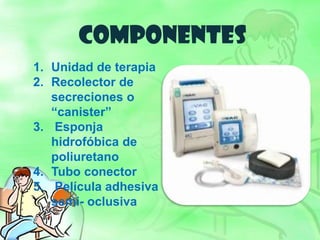 COMPONENTES
1. Unidad de terapia
2. Recolector de
secreciones o
“canister”
3. Esponja
hidrofóbica de
poliuretano
4. Tubo conector
5. Película adhesiva
semi- oclusiva
 
