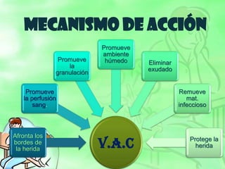 MECANISMO DE ACCIÓN
V.A.C
Afronta los
bordes de
la herida
Promueve
la perfusión
sang.
Promueve
la
granulación
Promueve
ambiente
húmedo Eliminar
exudado
Remueve
mat.
infeccioso
Protege la
herida
 