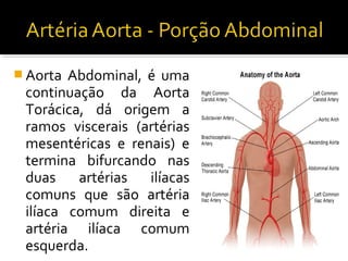  Aorta Abdominal, é uma
 continuação da Aorta
 Torácica, dá origem a
 ramos viscerais (artérias
 mesentéricas e renais) e
 termina bifurcando nas
 duas    artérias  ilíacas
 comuns que são artéria
 ilíaca comum direita e
 artéria ilíaca comum
 esquerda.
 