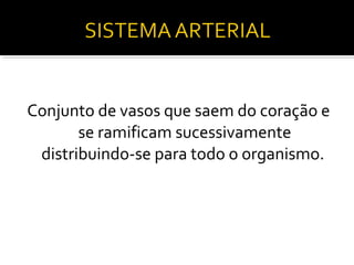 Conjunto de vasos que saem do coração e
       se ramificam sucessivamente
 distribuindo-se para todo o organismo.
 