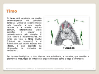 Timo
 O timo está localizado na porção
 antero-superior       da      cavidade
 torácica. Limita-se superiormente
 pela traquéia, a veia jugular
 interna e a artéria carótida
 comum,         lateralmente      pelos
 pulmões          e      inferior     e
 posteriormente pelo coração. É
 vital contra a autoimunidade. Ao
 longo da vida, o timo involui
 (diminui      de    tamanho)     e   é
 substituído por tecido adiposo nos
 idosos,     o    que    acarreta    na
 diminuição       da    produção     de                                      Pulmões
 linfócitos T.


 Em termos fisiológicos, o timo elabora uma substância, a timosina, que mantém e
 promove a maturação de linfócitos e órgãos linfóides como o baço e linfonodos.




Maria Teresa Castilho Sousa - 10ª Acção de Técnicas de Esteticismo e Cosmetologia 2010/2011   25
 