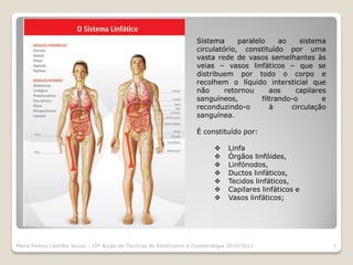 Sistema      paralelo     ao    sistema
                                                                     circulatório, constituído por uma
                                                                     vasta rede de vasos semelhantes às
                                                                     veias – vasos linfáticos – que se
                                                                     distribuem por todo o corpo e
                                                                     recolhem o líquido intersticial que
                                                                     não      retornou      aos    capilares
                                                                     sanguíneos,         filtrando-o       e
                                                                     reconduzindo-o         à     circulação
                                                                     sanguínea.

                                                                     É constituído por:

                                                                                Linfa
                                                                                Órgãos linfóides,
                                                                                Linfónodos,
                                                                                Ductos linfáticos,
                                                                                Tecidos linfáticos,
                                                                                Capilares linfáticos e
                                                                                Vasos linfáticos;




Maria Teresa Castilho Sousa - 10ª Acção de Técnicas de Esteticismo e Cosmetologia 2010/2011                    7
 