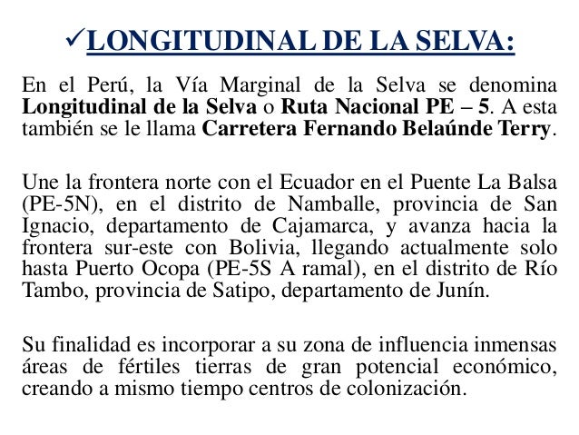 ïƒ¼LONGITUDINAL DE LA SELVA: 
En el PerÃº, la VÃ­a Marginal de la Selva se denomina Longitudinal de la Selva o Ruta Nacional P...