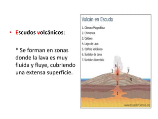 • Escudos volcánicos:
* Se forman en zonas
donde la lava es muy
fluida y fluye, cubriendo
una extensa superficie.
 