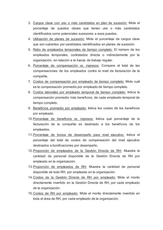 3. Cargos clave con uno o más candidatos en plan de sucesión: Mide el
porcentaje de puestos claves que tienen uno o más candidatos
identificados como potenciales sucesores a esos puestos.
4. Utilización de planes de sucesión: Mide el porcentaje de cargos clave
que son cubiertos por candidatos identificados en planes de sucesión.
5. Ratio de empleados temporales de tiempo completo: El número de los
empleados temporales, contratados directa o indirectamente por la
organización, en relación a la fuerza de trabajo regular.
6. Porcentaje de compensación vs. ingresos: Compara el total de las
compensaciones de los empleados contra el nivel de facturación de la
compañía.
7. Costos de compensación por empleado de tiempo completo: Mide cuál
es la compensación promedio por empleado de tiempo completo.
8. Costos laborales por empleado temporal de tiempo completo: Indica la
compensación promedio más beneficios, de cada empleado temporal de
tiempo completo.
9. Beneficios promedio por empleado: Indica los costos de los beneficios
por empleado.
10.Porcentaje de beneficios vs. ingresos: Indica qué porcentaje de la
facturación de la compañía es destinado a los beneficios de los
empleados.
11.Porcentaje de bonos de desempeño para nivel ejecutivo: Indica el
porcentaje del total de costos de compensación del nivel ejecutivo
destinados a bonificaciones por desempeño.
12.Proporción de empleados de la Gestión Directa de RH: Muestra la
cantidad de personal disponible de la Gestión Directa de RH por
empleado en la organización.
13.Proporción de empleados de RH: Muestra la cantidad de personal
disponible de todo RH, por empleado en la organización.
14.Costos de la Gestión Directa de RH por empleado: Mide el monto
directamente invertido en la Gestión Directa de RH, por cada empleado
de la organización.
15.Costos de RH por empleado: Mide el monto directamente invertido en
toda el área de RH, por cada empleado de la organización.
 