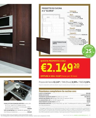 PROGETTO DI CUCINA
                                                                               A U "GLORIA"                                               Colonne:
                                                                                                                                    2 da 215 cm €94,00 cad;

                                                                                                                                          Basi:
                                                                                                                                      da 85×56×60 cm €48,40 cad,
                                                                                                                                        1 da 85×56×80 cm €57,50,
                                                                                                                                            1 da 85×56×120 cm €79,00;

                                                                                                                                          Ante:
                                                                                                                                       da 130 cm €100,00, 5 da 70 cm
                                                                                                                                       €55,50 cad, 1 da 130 cm €100,00,
                                                                                                                                          1 sopra cappa da 42 cm €60,50,
                                                                                                                                             6 da 70 cm €45,40 cad;

                                                                                                                                          Pensili:
                                                                                                                                      da 70×35×80 cm €33,30 cad,
                                                                                                                                        1 da 70×35×60 cm €29,20;

                                                                                                                                          Cassetti:
                                                                                                                                      blocchi di 3 cassetti da 70 cm €232,00 cad;

                                                                                                                                          Finiture:
                                                                                                                                       barra lavello da 60 cm €8,00,
                                                                                                                                        1 barra base lavello da 80 cm €9,00,
                                                                                                                                           2 ﬁniture base angolari €21,20 cad,
                                                                                                     CARATTERISTICHE                          2 ﬁanchi ﬁniture armadi €81,00 cad,
                                                                                                     ANTA                                        1 ﬁanco ﬁnitura base €30,20,
                                                                                                                                                    2 zoccolini €29,20 cad.
                                                                                                                                                                                n
                                                                                                      Anta con telaio in frassino
                                                                                                      e pannello centrale
                                                                                                                                                                             ara zi




                                                                                                                                                                                        a
                                                                                                                                                                        g
                                                                                                      impiallacciato frassino,
                                                                                                      ﬁnitura in wengè



                                                                                                                                                                             an ni

                                                                            QUESTA PROPOSTA A SOLI:



                                                                            €2.149
                                                                            OPPURE A SOLI: €11610/mese per 20 mesi
                                                                                                                                                  20

                                                                         Prezzo del bene €2.149 20 / TAN (ﬁsso) 8,98% / TAEG 9,36%
                                                                         Importo totale del credito €2.149,20. Importo totale dovuto €2.322,00. Costi accessori azzerati. **




                                                                         Possiamo completare la cucina con:
                                                                         CAPPA A SCOMPARSA                                                                      €141,00
                                                                         BARRA ACCESSORI                                                             a partire da €4,50
                                                                         PAVIMENTO QUARZITE GRIGIO 30,2×60,4 cm, sp. 8 mm                                    €13,50/mq
                                                                         RIPIANI MELAMINICI FSC Wengè, P30×L150 cm, spessore 18 mm                               €13,20
                                                                         ILLUMINAZIONE LED Con 24 led integrati, 2 W                                             €29,90
                                                                         RIVESTIMENTO CUCINA INOX 60×50 cm                                                       €16,90
      PIANO COTTURA DIAMOND ARISTON In vetro, dim:                       MICROONDE ARISTON con grill, linea LUCE, cap. 24lt., 3 combinazioni di cottura, contaminuti
        da 75 cm, 5 gas di cui 1 doppia corona,                          con stop automatico                                                                    €469,00
        accensione “a una mano”, sicurezza gas, colore
        ghiaccio, griglie smaltate               €549,00                 ** Messaggio pubblicitario con ﬁnalità promozionale. Per tutte le condizioni economiche e contrattuali ti
                                                                         invitiamo a fare riferimento alle Informazioni Europee di Base sul Credito ai Consumatori (IEBCC) presso il
      TOP CUCINA METAL Dim: 420×60 cm, spessore 58                       punto vendita. Leroy Merlin opera quale intermediario del credito per Findomestic Banca S.p.A. non in esclu-
      mm, ﬁnitura in alluminio                   €234,00                 siva. Offerta valida dal 22/08/12 al 16/09/12. Salvo approvazione di Findomestic Banca S.p.A.

qui esposti (salvo errori di stampa e salvo esaurimento scorte)
con conseguente modiﬁca della percentuale di sconto indicata. I prezzi sono comprensivi di IVA.                             molto altro su www.leroymerlin.it – 7
 