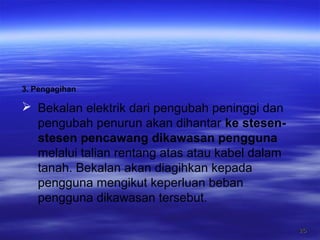 2626
3. Pengagihan
 Bekalan elektrik dari pengubah peninggi dan
pengubah penurun akan dihantar ke stesen-
stesen pencawang dikawasan pengguna
melalui talian rentang atas atau kabel dalam
tanah. Bekalan akan diagihkan kepada
pengguna mengikut keperluan beban
pengguna dikawasan tersebut.
 
