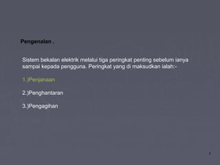 3
Pengenalan .
Sistem bekalan elektrik melalui tiga peringkat penting sebelum ianya
sampai kepada pengguna. Peringkat yang di maksudkan ialah:‑
1.)Penjanaan
2.)Penghantaran
3.)Pengagihan
 