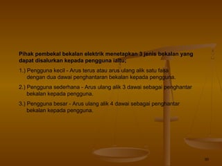 30
Pihak pembekal bekalan elektrik menetapkan 3 jenis bekalan yang
dapat disalurkan kepada pengguna iaitu;
1.) Pengguna kecil - Arus terus atau arus ulang alik satu fasa
dengan dua dawai penghantaran bekalan kepada pengguna.
2.) Pengguna sederhana - Arus ulang alik 3 dawai sebagai penghantar
bekalan kepada pengguna.
3.) Pengguna besar - Arus ulang alik 4 dawai sebagai penghantar
bekalan kepada pengguna.
 