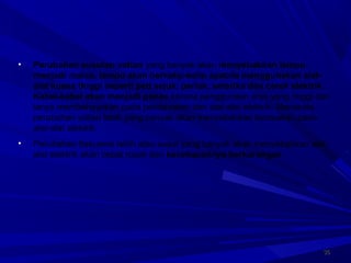 3636
• Perubahan susutan voltan yang banyak akan menyebabkan lampu
menjadi malap, lampu akan berkelip-kelip apabila menggunakan alat-
alat kuasa tinggi seperti peti sejuk, periuk, seterika dan cerek elektrik.
Kabel-kabel akan menjadi panas kerana penggunaan arus yang tinggi dan
ianya membahayakan pada pendawaian dan alat-alat elektrik. Manakala
perubahan voltan lebih yang banyak akan menyebabkan kerosakan pada
alat-alat elektrik.
• Perubahan frekuensi Iebih atau susut yang banyak akan menyebabkan alat-
alat elektrik akan cepat rosak dan kecekapannya berkurangan.
 