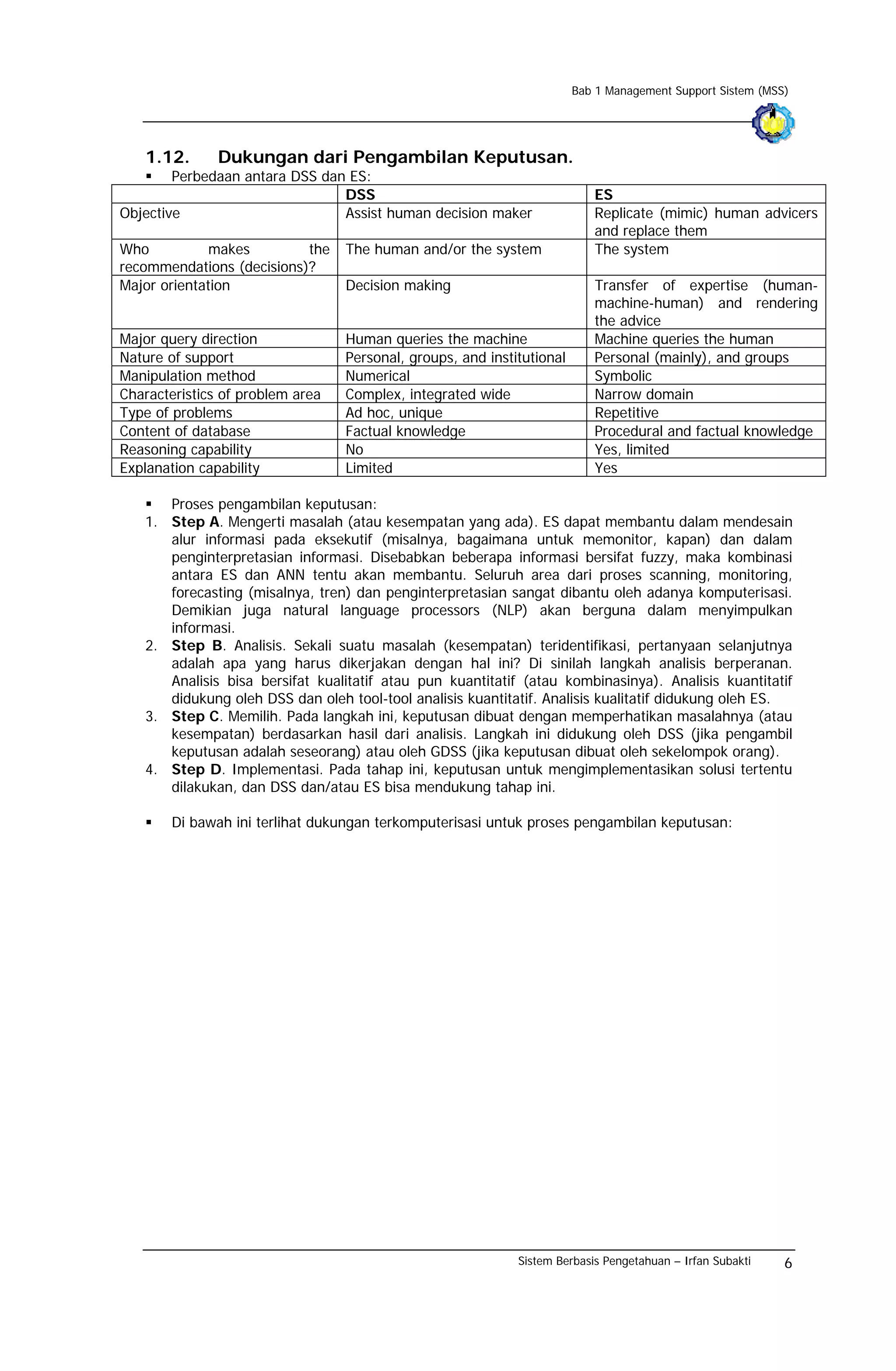 Bab 1 Management Support Sistem (MSS)




   1.12.       Dukungan dari Pengambilan Keputusan.
        Perbedaan antara DSS dan ES:
                                DSS                                        ES
Objective                       Assist human decision maker                Replicate (mimic) human advicers
                                                                           and replace them
Who           makes        the    The human and/or the system              The system
recommendations (decisions)?
Major orientation                 Decision making                          Transfer of expertise (human-
                                                                           machine-human) and rendering
                                                                           the advice
Major query direction             Human queries the machine                Machine queries the human
Nature of support                 Personal, groups, and institutional      Personal (mainly), and groups
Manipulation method               Numerical                                Symbolic
Characteristics of problem area   Complex, integrated wide                 Narrow domain
Type of problems                  Ad hoc, unique                           Repetitive
Content of database               Factual knowledge                        Procedural and factual knowledge
Reasoning capability              No                                       Yes, limited
Explanation capability            Limited                                  Yes

      Proses pengambilan keputusan:
   1. Step A. Mengerti masalah (atau kesempatan yang ada). ES dapat membantu dalam mendesain
      alur informasi pada eksekutif (misalnya, bagaimana untuk memonitor, kapan) dan dalam
      penginterpretasian informasi. Disebabkan beberapa informasi bersifat fuzzy, maka kombinasi
      antara ES dan ANN tentu akan membantu. Seluruh area dari proses scanning, monitoring,
      forecasting (misalnya, tren) dan penginterpretasian sangat dibantu oleh adanya komputerisasi.
      Demikian juga natural language processors (NLP) akan berguna dalam menyimpulkan
      informasi.
   2. Step B. Analisis. Sekali suatu masalah (kesempatan) teridentifikasi, pertanyaan selanjutnya
      adalah apa yang harus dikerjakan dengan hal ini? Di sinilah langkah analisis berperanan.
      Analisis bisa bersifat kualitatif atau pun kuantitatif (atau kombinasinya). Analisis kuantitatif
      didukung oleh DSS dan oleh tool-tool analisis kuantitatif. Analisis kualitatif didukung oleh ES.
   3. Step C. Memilih. Pada langkah ini, keputusan dibuat dengan memperhatikan masalahnya (atau
      kesempatan) berdasarkan hasil dari analisis. Langkah ini didukung oleh DSS (jika pengambil
      keputusan adalah seseorang) atau oleh GDSS (jika keputusan dibuat oleh sekelompok orang).
   4. Step D. Implementasi. Pada tahap ini, keputusan untuk mengimplementasikan solusi tertentu
      dilakukan, dan DSS dan/atau ES bisa mendukung tahap ini.

       Di bawah ini terlihat dukungan terkomputerisasi untuk proses pengambilan keputusan:




                                                             Sistem Berbasis Pengetahuan – Irfan Subakti    6
 