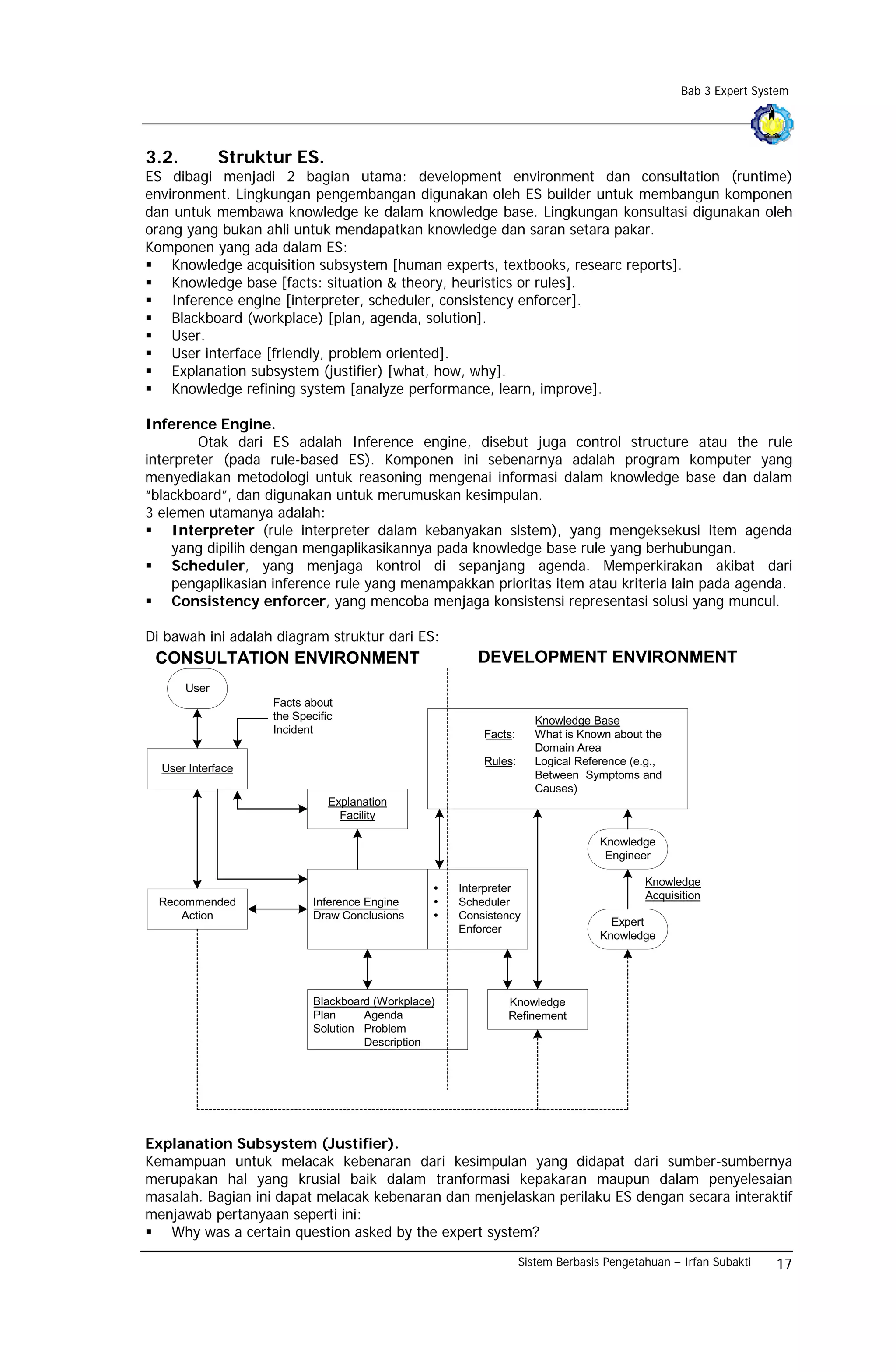 Bab 3 Expert System




3.2.          Struktur ES.
ES dibagi menjadi 2 bagian utama: development environment dan consultation (runtime)
environment. Lingkungan pengembangan digunakan oleh ES builder untuk membangun komponen
dan untuk membawa knowledge ke dalam knowledge base. Lingkungan konsultasi digunakan oleh
orang yang bukan ahli untuk mendapatkan knowledge dan saran setara pakar.
Komponen yang ada dalam ES:
    Knowledge acquisition subsystem [human experts, textbooks, researc reports].
    Knowledge base [facts: situation & theory, heuristics or rules].
    Inference engine [interpreter, scheduler, consistency enforcer].
    Blackboard (workplace) [plan, agenda, solution].
    User.
    User interface [friendly, problem oriented].
    Explanation subsystem (justifier) [what, how, why].
    Knowledge refining system [analyze performance, learn, improve].

Inference Engine.
        Otak dari ES adalah Inference engine, disebut juga control structure atau the rule
interpreter (pada rule-based ES). Komponen ini sebenarnya adalah program komputer yang
menyediakan metodologi untuk reasoning mengenai informasi dalam knowledge base dan dalam
“blackboard”, dan digunakan untuk merumuskan kesimpulan.
3 elemen utamanya adalah:
    Interpreter (rule interpreter dalam kebanyakan sistem), yang mengeksekusi item agenda
    yang dipilih dengan mengaplikasikannya pada knowledge base rule yang berhubungan.
    Scheduler, yang menjaga kontrol di sepanjang agenda. Memperkirakan akibat dari
    pengaplikasian inference rule yang menampakkan prioritas item atau kriteria lain pada agenda.
    Consistency enforcer, yang mencoba menjaga konsistensi representasi solusi yang muncul.

Di bawah ini adalah diagram struktur dari ES:
 CONSULTATION ENVIRONMENT                               DEVELOPMENT ENVIRONMENT
       User
                    Facts about
                    the Specific                                     Knowledge Base
                    Incident                             Facts:      What is Known about the
                                                                     Domain Area
                                                         Rules:      Logical Reference (e.g.,
  User Interface
                                                                     Between Symptoms and
                                                                     Causes)
                               Explanation
                                 Facility

                                                                                 Knowledge
                                                                                  Engineer

                                                                                         Knowledge
                                                     Interpreter
                                                                                         Acquisition
  Recommended               Inference Engine         Scheduler
     Action                 Draw Conclusions         Consistency
                                                                                   Expert
                                                     Enforcer
                                                                                 Knowledge




                            Blackboard (Workplace)           Knowledge
                            Plan     Agenda                  Refinement
                            Solution Problem
                                     Description




Explanation Subsystem (Justifier).
Kemampuan untuk melacak kebenaran dari kesimpulan yang didapat dari sumber-sumbernya
merupakan hal yang krusial baik dalam tranformasi kepakaran maupun dalam penyelesaian
masalah. Bagian ini dapat melacak kebenaran dan menjelaskan perilaku ES dengan secara interaktif
menjawab pertanyaan seperti ini:
   Why was a certain question asked by the expert system?
                                                                  Sistem Berbasis Pengetahuan – Irfan Subakti   17
 