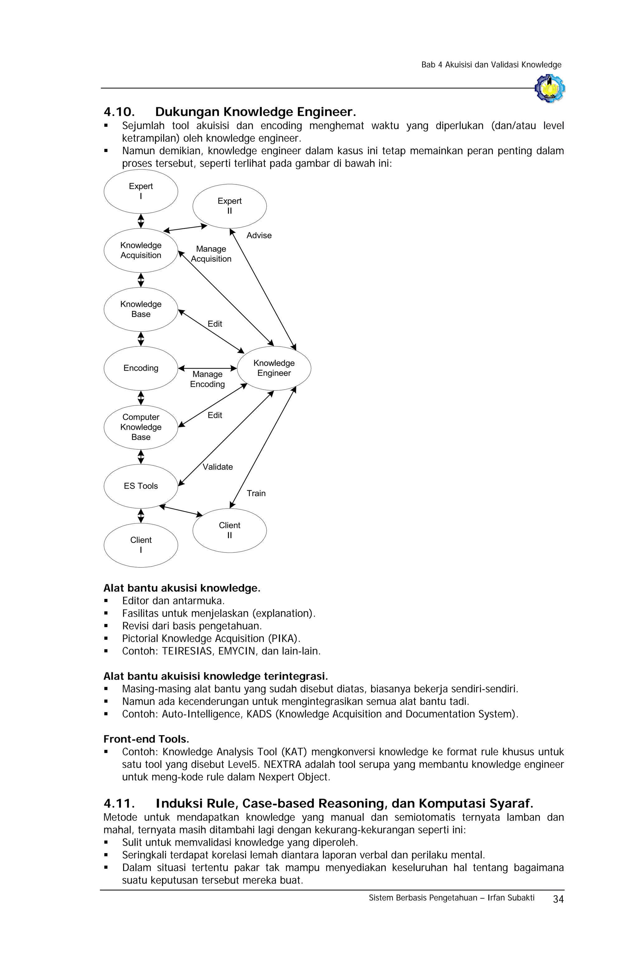 Bab 4 Akuisisi dan Validasi Knowledge




4.10.         Dukungan Knowledge Engineer.
   Sejumlah tool akuisisi dan encoding menghemat waktu yang diperlukan (dan/atau level
   ketrampilan) oleh knowledge engineer.
   Namun demikian, knowledge engineer dalam kasus ini tetap memainkan peran penting dalam
   proses tersebut, seperti terlihat pada gambar di bawah ini:

     Expert
       I
                          Expert
                            II

                                   Advise
   Knowledge        Manage
   Acquisition     Acquisition




   Knowledge
     Base
                       Edit



                                    Knowledge
    Encoding
                   Manage            Engineer
                   Encoding


   Computer            Edit
   Knowledge
     Base


                      Validate

    ES Tools
                                   Train


                          Client
                            II
     Client
        I



Alat bantu akusisi knowledge.
    Editor dan antarmuka.
    Fasilitas untuk menjelaskan (explanation).
    Revisi dari basis pengetahuan.
    Pictorial Knowledge Acquisition (PIKA).
    Contoh: TEIRESIAS, EMYCIN, dan lain-lain.

Alat bantu akuisisi knowledge terintegrasi.
    Masing-masing alat bantu yang sudah disebut diatas, biasanya bekerja sendiri-sendiri.
    Namun ada kecenderungan untuk mengintegrasikan semua alat bantu tadi.
    Contoh: Auto-Intelligence, KADS (Knowledge Acquisition and Documentation System).

Front-end Tools.
   Contoh: Knowledge Analysis Tool (KAT) mengkonversi knowledge ke format rule khusus untuk
   satu tool yang disebut Level5. NEXTRA adalah tool serupa yang membantu knowledge engineer
   untuk meng-kode rule dalam Nexpert Object.

4.11.         Induksi Rule, Case-based Reasoning, dan Komputasi Syaraf.
Metode untuk mendapatkan knowledge yang manual dan semiotomatis ternyata lamban dan
mahal, ternyata masih ditambahi lagi dengan kekurang-kekurangan seperti ini:
   Sulit untuk memvalidasi knowledge yang diperoleh.
   Seringkali terdapat korelasi lemah diantara laporan verbal dan perilaku mental.
   Dalam situasi tertentu pakar tak mampu menyediakan keseluruhan hal tentang bagaimana
   suatu keputusan tersebut mereka buat.
                                                        Sistem Berbasis Pengetahuan – Irfan Subakti    34
 