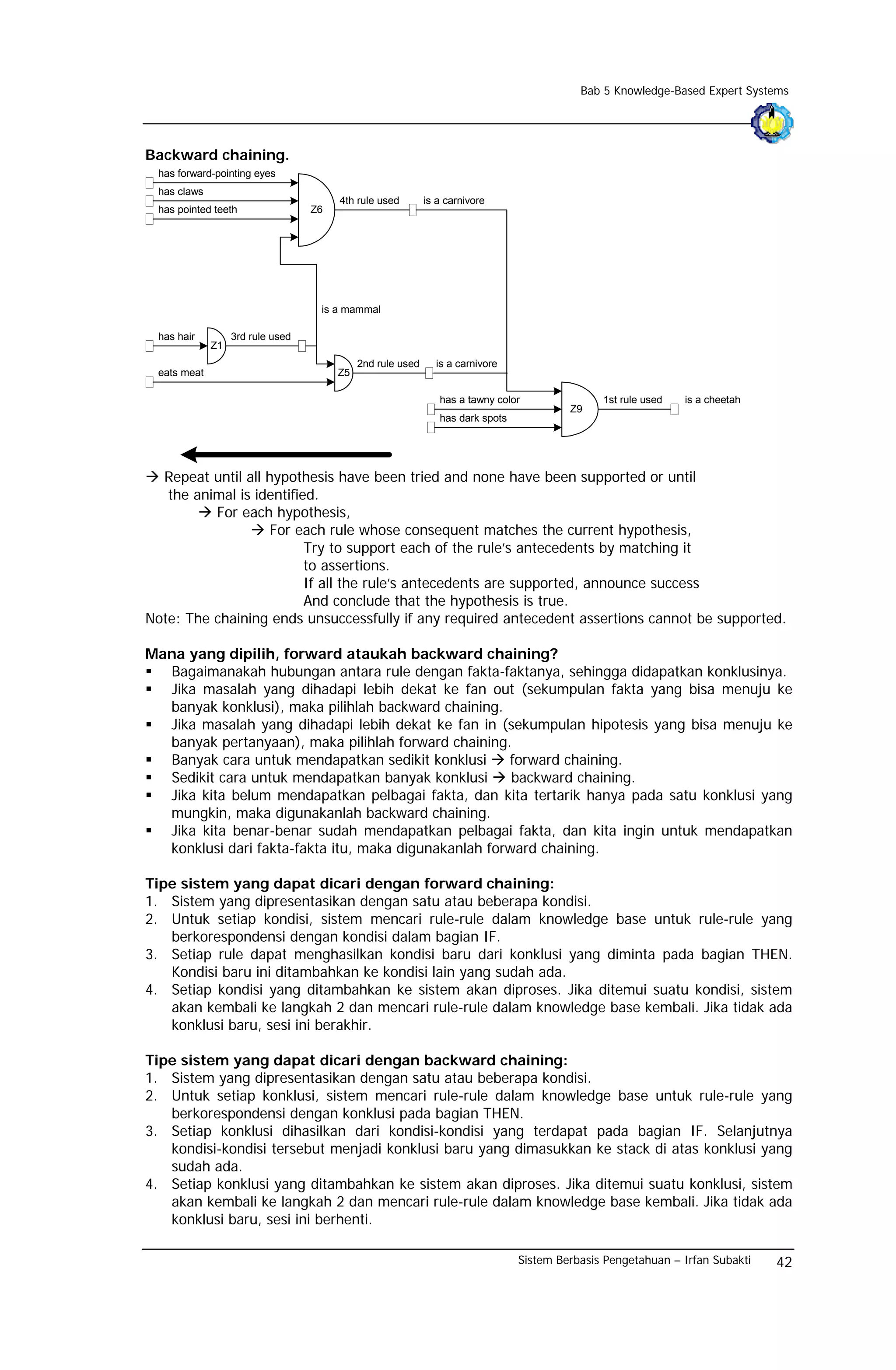 Bab 5 Knowledge-Based Expert Systems




Backward chaining.
 has forward-pointing eyes
 has claws
                                       4th rule used        is a carnivore
 has pointed teeth                Z6




                                   is a mammal

 has hair         3rd rule used
             Z1
                                            2nd rule used     is a carnivore
 eats meat                             Z5

                                                               has a tawny color               1st rule used   is a cheetah
                                                                                         Z9
                                                               has dark spots




  Repeat until all hypothesis have been tried and none have been supported or until
   the animal is identified.
          For each hypothesis,
                    For each rule whose consequent matches the current hypothesis,
                          Try to support each of the rule’s antecedents by matching it
                          to assertions.
                          If all the rule’s antecedents are supported, announce success
                          And conclude that the hypothesis is true.
Note: The chaining ends unsuccessfully if any required antecedent assertions cannot be supported.

Mana yang dipilih, forward ataukah backward chaining?
  Bagaimanakah hubungan antara rule dengan fakta-faktanya, sehingga didapatkan konklusinya.
  Jika masalah yang dihadapi lebih dekat ke fan out (sekumpulan fakta yang bisa menuju ke
  banyak konklusi), maka pilihlah backward chaining.
  Jika masalah yang dihadapi lebih dekat ke fan in (sekumpulan hipotesis yang bisa menuju ke
  banyak pertanyaan), maka pilihlah forward chaining.
  Banyak cara untuk mendapatkan sedikit konklusi      forward chaining.
  Sedikit cara untuk mendapatkan banyak konklusi       backward chaining.
  Jika kita belum mendapatkan pelbagai fakta, dan kita tertarik hanya pada satu konklusi yang
  mungkin, maka digunakanlah backward chaining.
  Jika kita benar-benar sudah mendapatkan pelbagai fakta, dan kita ingin untuk mendapatkan
  konklusi dari fakta-fakta itu, maka digunakanlah forward chaining.

Tipe sistem yang dapat dicari dengan forward chaining:
1. Sistem yang dipresentasikan dengan satu atau beberapa kondisi.
2. Untuk setiap kondisi, sistem mencari rule-rule dalam knowledge base untuk rule-rule yang
   berkorespondensi dengan kondisi dalam bagian IF.
3. Setiap rule dapat menghasilkan kondisi baru dari konklusi yang diminta pada bagian THEN.
   Kondisi baru ini ditambahkan ke kondisi lain yang sudah ada.
4. Setiap kondisi yang ditambahkan ke sistem akan diproses. Jika ditemui suatu kondisi, sistem
   akan kembali ke langkah 2 dan mencari rule-rule dalam knowledge base kembali. Jika tidak ada
   konklusi baru, sesi ini berakhir.

Tipe sistem yang dapat dicari dengan backward chaining:
1. Sistem yang dipresentasikan dengan satu atau beberapa kondisi.
2. Untuk setiap konklusi, sistem mencari rule-rule dalam knowledge base untuk rule-rule yang
   berkorespondensi dengan konklusi pada bagian THEN.
3. Setiap konklusi dihasilkan dari kondisi-kondisi yang terdapat pada bagian IF. Selanjutnya
   kondisi-kondisi tersebut menjadi konklusi baru yang dimasukkan ke stack di atas konklusi yang
   sudah ada.
4. Setiap konklusi yang ditambahkan ke sistem akan diproses. Jika ditemui suatu konklusi, sistem
   akan kembali ke langkah 2 dan mencari rule-rule dalam knowledge base kembali. Jika tidak ada
   konklusi baru, sesi ini berhenti.

                                                                                Sistem Berbasis Pengetahuan – Irfan Subakti   42
 