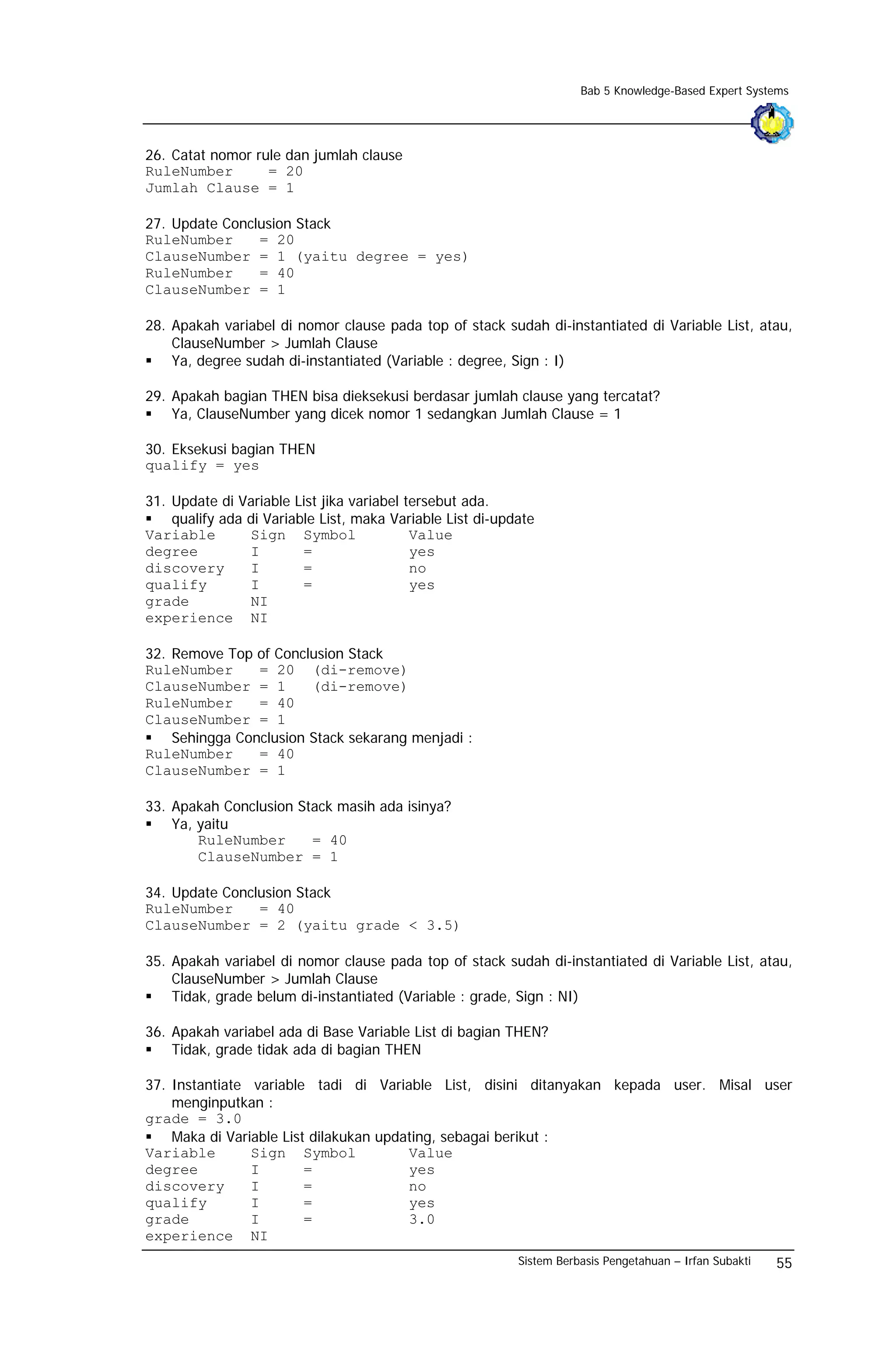Bab 5 Knowledge-Based Expert Systems




26. Catat nomor rule dan jumlah clause
RuleNumber        = 20
Jumlah Clause = 1

27. Update Conclusion Stack
RuleNumber      = 20
ClauseNumber = 1 (yaitu degree = yes)
RuleNumber      = 40
ClauseNumber = 1

28. Apakah variabel di nomor clause pada top of stack sudah di-instantiated di Variable List, atau,
    ClauseNumber > Jumlah Clause
    Ya, degree sudah di-instantiated (Variable : degree, Sign : I)

29. Apakah bagian THEN bisa dieksekusi berdasar jumlah clause yang tercatat?
    Ya, ClauseNumber yang dicek nomor 1 sedangkan Jumlah Clause = 1

30. Eksekusi bagian THEN
qualify = yes

31. Update di Variable List jika variabel tersebut ada.
    qualify ada di Variable List, maka Variable List di-update
Variable        Sign Symbol                Value
degree          I        =                 yes
discovery       I        =                 no
qualify         I        =                 yes
grade           NI
experience NI

32. Remove Top of Conclusion Stack
RuleNumber      = 20 (di-remove)
ClauseNumber = 1        (di-remove)
RuleNumber      = 40
ClauseNumber = 1
    Sehingga Conclusion Stack sekarang menjadi :
RuleNumber      = 40
ClauseNumber = 1

33. Apakah Conclusion Stack masih ada isinya?
    Ya, yaitu
        RuleNumber      = 40
        ClauseNumber = 1

34. Update Conclusion Stack
RuleNumber      = 40
ClauseNumber = 2 (yaitu grade < 3.5)

35. Apakah variabel di nomor clause pada top of stack sudah di-instantiated di Variable List, atau,
    ClauseNumber > Jumlah Clause
    Tidak, grade belum di-instantiated (Variable : grade, Sign : NI)

36. Apakah variabel ada di Base Variable List di bagian THEN?
    Tidak, grade tidak ada di bagian THEN

37. Instantiate variable tadi di Variable List, disini ditanyakan kepada user. Misal user
    menginputkan :
grade = 3.0
    Maka di Variable List dilakukan updating, sebagai berikut :
Variable        Sign Symbol             Value
degree          I        =              yes
discovery       I        =              no
qualify         I        =              yes
grade           I        =              3.0
experience NI
                                                           Sistem Berbasis Pengetahuan – Irfan Subakti   55
 