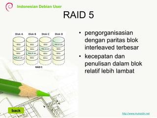 Indonesian Debian User
http://www.muksidin.net
RAID 5
• pengorganisasian
dengan paritas blok
interleaved terbesar
• kecepatan dan
penulisan dalam blok
relatif lebih lambat
back
 