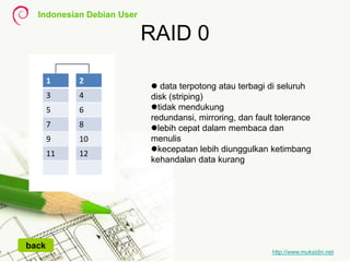 Indonesian Debian User
http://www.muksidin.net
RAID 0
1
3
5
7
9
11
2
4
6
8
10
12
 data terpotong atau terbagi di seluruh
disk (striping)
tidak mendukung
redundansi, mirroring, dan fault tolerance
lebih cepat dalam membaca dan
menulis
kecepatan lebih diunggulkan ketimbang
kehandalan data kurang
back
 
