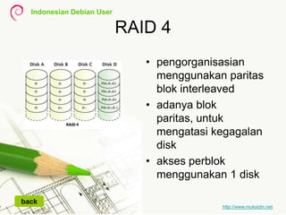 Indonesian Debian User
http://www.muksidin.net
RAID 4
• pengorganisasian
menggunakan paritas
blok interleaved
• adanya blok
paritas, untuk
mengatasi kegagalan
disk
• akses perblok
menggunakan 1 disk
back
 