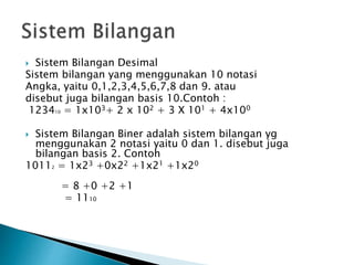  Sistem Bilangan Desimal 
Sistem bilangan yang menggunakan 10 notasi 
Angka, yaitu 0,1,2,3,4,5,6,7,8 dan 9. atau 
disebut juga bilangan basis 10.Contoh : 
123410 = 1x103+ 2 x 102 + 3 X 101 + 4x100 
 Sistem Bilangan Biner adalah sistem bilangan yg 
menggunakan 2 notasi yaitu 0 dan 1. disebut juga 
bilangan basis 2. Contoh 
10112 = 1x23 +0x22 +1x21 +1x20 
= 8 +0 +2 +1 
= 1110 
 