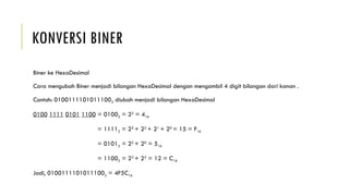 KONVERSI BINER
Biner ke HexaDesimal
Cara mengubah Biner menjadi bilangan HexaDesimal dengan mengambil 4 digit bilangan dari kanan .
Contoh: 01001111010111002 diubah menjadi bilangan HexaDesimal
0100 1111 0101 1100 = 01002 = 22
= 416
= 11112 = 23
+ 22
+ 21
+ 20
= 15 = F16
= 01012 = 22
+ 20
= 516
= 11002 = 23
+ 22
= 12 = C16
Jadi, 01001111010111002 = 4F5C16
 