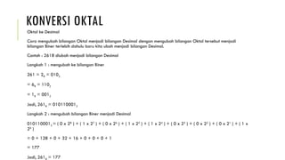 KONVERSI OKTAL
Oktal ke Desimal
Cara mengubah bilangan Oktal menjadi bilangan Desimal dengan mengubah bilangan Oktal tersebut menjadi
bilangan Biner terlebih dahulu baru kita ubah menjadi bilangan Desimal.
Contoh : 2618 diubah menjadi bilangan Desimal
Langkah 1 : mengubah ke bilangan Biner
261 = 28 = 0102
= 68 = 1102
= 18 = 0012
Jadi, 2618 = 0101100012
Langkah 2 : mengubah bilangan Biner menjadi Desimal
0101100012 = ( 0 x 28
) + ( 1 x 27
) + ( 0 x 26
) + ( 1 x 25
) + ( 1 x 24
) + ( 0 x 23
) + ( 0 x 22
) + ( 0 x 21
) + ( 1 x
20
)
= 0 + 128 + 0 + 32 + 16 + 0 + 0 + 0 + 1
= 177
Jadi, 2618 = 177
 