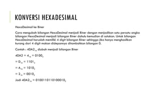 KONVERSI HEXADESIMAL
HexaDesimal ke Biner
Cara mengubah bilangan HexaDesimal menjadi Biner dengan menjadikan satu persatu angka
bilangan HexaDesimal menjadi bilangan Biner dahulu kemudian di satukan. Untuk bilangan
HexaDesimal haruslah memiliki 4 digit bilangan Biner sehingga jika hanya menghasilkan
kurang dari 4 digit makan didepannya ditambahkan bilangan 0.
Contoh : 4DA216 diubah menjadi bilangan Biner
4DA2 = 416 = 01002
= D16 = 11012
= A16 = 10102
= 216 = 00102
Jadi 4DA216 = 01001101101000102
 