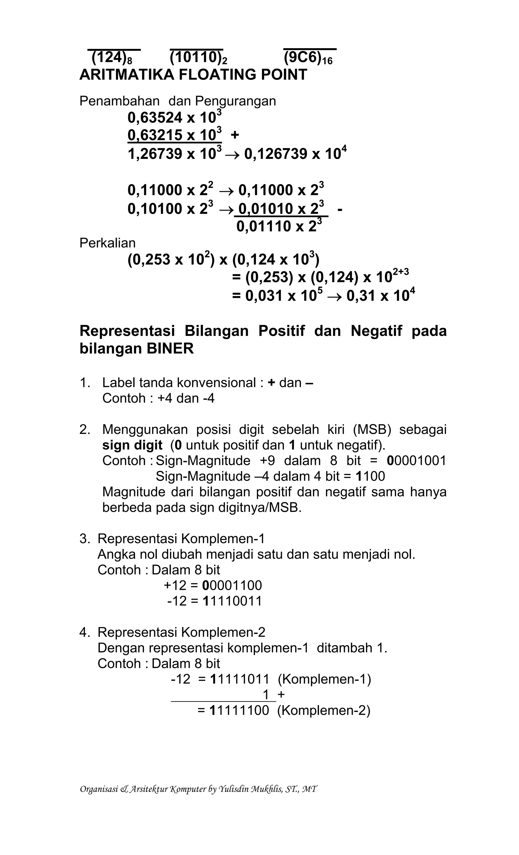 (124)8 (10110)2 (9C6)16 
ARITMATIKA FLOATING POINT 
Penambahan dan Pengurangan 
0,63524 x 103 
0,63215 x 103 + 
1,26739 x 103 
→ 0,126739 x 104 
0,11000 x 22 
→ 0,11000 x 23 
0,10100 x 23 
→ 0,01010 x 23 - 
0,01110 x 23 
Perkalian 
(0,253 x 102) x (0,124 x 103) 
= (0,253) x (0,124) x 102+3 
= 0,031 x 105 → 0,31 x 104 
Representasi Bilangan Positif dan Negatif pada 
bilangan BINER 
1. Label tanda konvensional : + dan – 
Contoh : +4 dan -4 
2. Menggunakan posisi digit sebelah kiri (MSB) sebagai 
sign digit (0 untuk positif dan 1 untuk negatif). 
Contoh : Sign-Magnitude +9 dalam 8 bit = 00001001 
Sign-Magnitude –4 dalam 4 bit = 1100 
Magnitude dari bilangan positif dan negatif sama hanya 
berbeda pada sign digitnya/MSB. 
3. Representasi Komplemen-1 
Angka nol diubah menjadi satu dan satu menjadi nol. 
Contoh : Dalam 8 bit 
+12 = 00001100 
-12 = 11110011 
4. Representasi Komplemen-2 
Dengan representasi komplemen-1 ditambah 1. 
Contoh : Dalam 8 bit 
-12 = 11111011 (Komplemen-1) 
1 + 
= 11111100 (Komplemen-2) 
Organisasi  Arsitektur Komputer by Yulisdin Mukhlis, ST., MT 
 