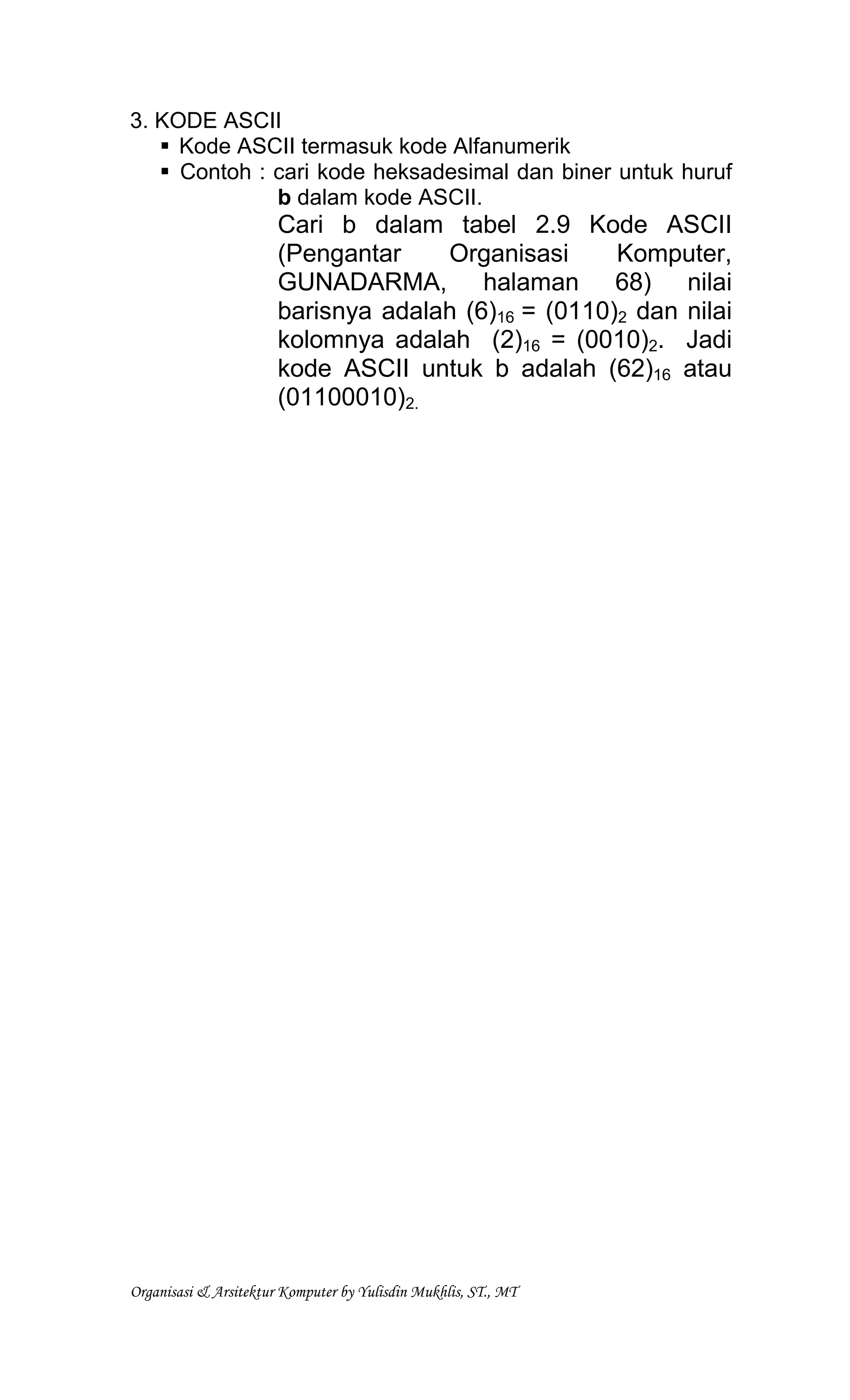 3. KODE ASCII 
 Kode ASCII termasuk kode Alfanumerik 
 Contoh : cari kode heksadesimal dan biner untuk huruf 
b dalam kode ASCII. 
Cari b dalam tabel 2.9 Kode ASCII 
(Pengantar Organisasi Komputer, 
GUNADARMA, halaman 68) nilai 
barisnya adalah (6)16 = (0110)2 dan nilai 
kolomnya adalah (2)16 = (0010)2. Jadi 
kode ASCII untuk b adalah (62)16 atau 
(01100010)2. 
Organisasi  Arsitektur Komputer by Yulisdin Mukhlis, ST., MT 
