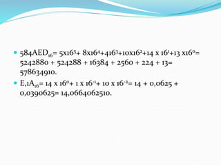  584AED16= 5x165+ 8x164+4163+10x162+14 x 161+13 x160=
5242880 + 524288 + 16384 + 2560 + 224 + 13=
578634910.
 E,1A16= 14 x 160+ 1 x 16-1+ 10 x 16-2= 14 + 0,0625 +
0,0390625= 14,0664062510.
 
