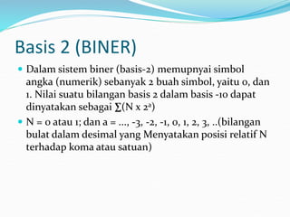 Basis 2 (BINER)
 Dalam sistem biner (basis-2) memupnyai simbol
angka (numerik) sebanyak 2 buah simbol, yaitu 0, dan
1. Nilai suatu bilangan basis 2 dalam basis -10 dapat
dinyatakan sebagai ∑(N x 2a)
 N = 0 atau 1; dan a = ..., -3, -2, -1, 0, 1, 2, 3, ..(bilangan
bulat dalam desimal yang Menyatakan posisi relatif N
terhadap koma atau satuan)
 