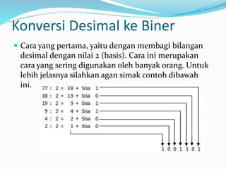 Konversi Desimal ke Biner
 Cara yang pertama, yaitu dengan membagi bilangan
desimal dengan nilai 2 (basis). Cara ini merupakan
cara yang sering digunakan oleh banyak orang. Untuk
lebih jelasnya silahkan agan simak contoh dibawah
ini.
 