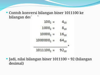  Contoh konversi bilangan biner 1011100 ke
bilangan desimal :
 Jadi, nilai bilangan biner 1011100 = 92 (bilangan
desimal)
 