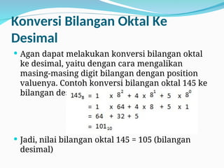 Konversi Bilangan Oktal Ke
Desimal
 Agan dapat melakukan konversi bilangan oktal
ke desimal, yaitu dengan cara mengalikan
masing-masing digit bilangan dengan position
valuenya. Contoh konversi bilangan oktal 145 ke
bilangan desimal :
 Jadi, nilai bilangan oktal 145 = 105 (bilangan
desimal)
 