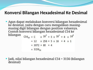 Konversi Bilangan Hexadesimal Ke Desimal
 Agan dapat melakukan konversi bilangan hexadesimal
ke desimal, yaitu dengan cara mengalikan masing-
masing digit bilangan dengan position valuenya.
Contoh konversi bilangan hexadesimal C54 ke
bilangan desimal :
 Jadi, nilai bilangan hexadesimal C54 = 3156 (bilangan
desimal)
 