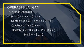 OPERASI BILANGAN
2. Kaidah Asosiatif
(a + b) + c = a + (b + c)
Contoh : (2 + 3) + 4 = 2 + ( 3 + 4 )
(a x b) x c = a x (b x c)
Contoh : ( 2 x 3 ) x 4 = 2 x ( 3 x 4 )
6 x 4 + = 2 x 12
18
 
