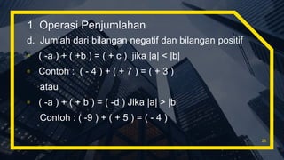 d. Jumlah dari bilangan negatif dan bilangan positif
▫ ( -a ) + ( +b ) = ( + c ) jika |a| < |b|
▫ Contoh : ( - 4 ) + ( + 7 ) = ( + 3 )
atau
▫ ( -a ) + ( + b ) = ( -d ) Jika |a| > |b|
Contoh : ( -9 ) + ( + 5 ) = ( - 4 )
25
1. Operasi Penjumlahan
 