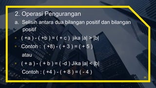 a. Selisih antara dua bilangan positif dan bilangan
positif
▫ ( +a ) - ( +b ) = ( + c ) jika |a| > |b|
▫ Contoh : ( +8) - ( + 3 ) = ( + 5 )
atau
▫ ( + a ) - ( + b ) = ( -d ) Jika |a| < |b|
Contoh : ( +4 ) - ( + 8 ) = ( - 4 )
26
2. Operasi Pengurangan
 