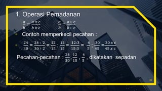 𝑎
𝑏
=
𝑎 𝑥 𝑐
𝑏 𝑥 𝑐
𝑎
𝑏
=
𝑎 ∶ 𝑐
𝑏 ∶ 𝑐
▫ Contoh memperkecil pecahan :
▫
24
30
=
24 ∶ 2
30 ∶ 2
=
12
15
;
12
15
=
12∶3
15∶3
=
4
5
;
30
45
=
30 𝑥 𝑐
45 𝑥 𝑐
Pecahan-pecahan :
24
30
,
12
15
,
4
5
, dikatakan sepadan
39
1. Operasi Pemadanan
 
