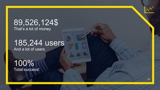 89,526,124$
That’s a lot of money
100%
Total success!
185,244 users
And a lot of users
59
 