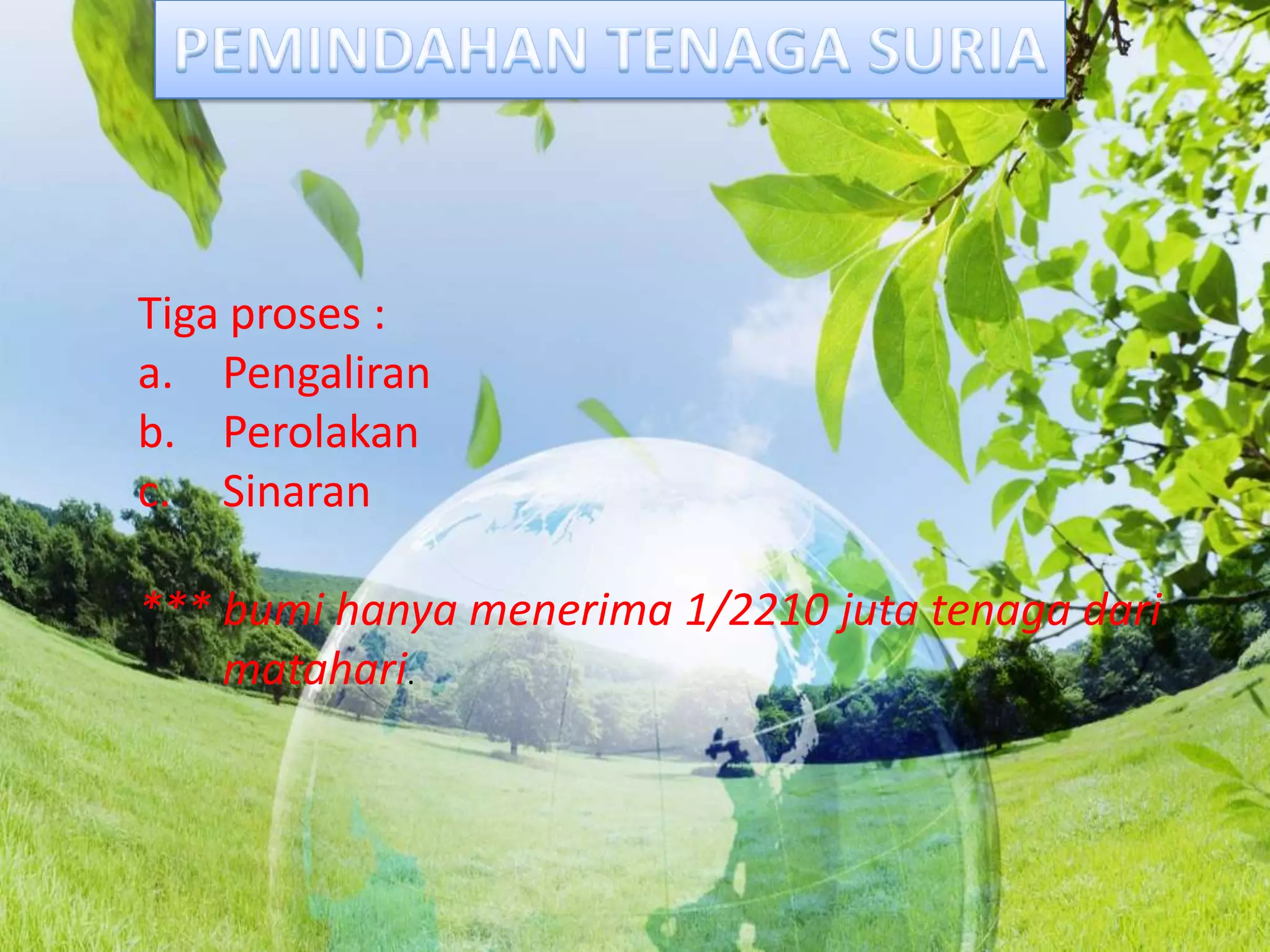 Tenagahabapendam- tenaga yang terkandungdalamsesuatujisimsehnggaiadibebaskan.40TENAGA KINETIKDihasilkanolehpergerakansesuatujasad.Cth :bumiberputarpadapaksinyaPerbezaantekananudara – anginPemanasankitaran air – sejatan, sejatpeluhan, pemeluwapan, kerpasandanlarian air permukaan.