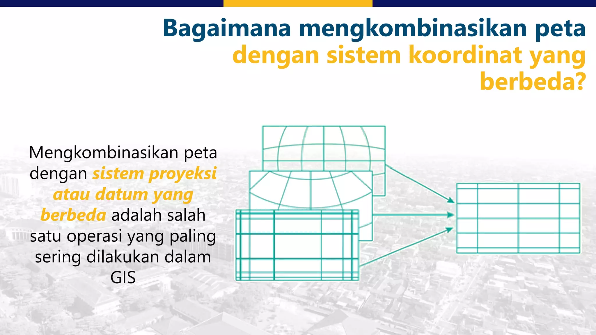 Bagaimana mengkombinasikan peta
dengan sistem koordinat yang
berbeda?
Mengkombinasikan peta
dengan sistem proyeksi
atau datum yang
berbeda adalah salah
satu operasi yang paling
sering dilakukan dalam
GIS
 