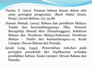 Darian, S. (2001). Peranan bahasa kiasan dalam teks
sains peringkat pengenalan. (Rusli Abdul Ghani,
Pentj.). Jurnal Bahasa, 1(1), 55-86.
Hassan Ahmad. (2004). Bahasa dan pemikiran Melayu:
Tradisi dan kesinambungannya. Dlm. Worawit
Baru@Haji Ahmad Idris (Penyelenggara), Kolokium
Bahasa dan Pemikiran Melayu/Indonesia: Pemikiran
Melayu – Tradisi dan kesinambungan,1-12. Kuala
Lumpur: Dewan Bahasa dan Pustaka.
Juriah Long. (1993). Pemerolehan imbuhan pada
peringkat prasekolah dan implikasinya terhadap
pendidikan bahasa. Kuala Lumpur: Dewan Bahasa dan
Pustaka.
 