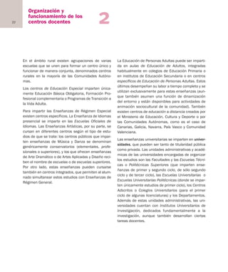 22
Organización y
funcionamiento de los
centros docentes 2
En el ámbito rural existen agrupaciones de varias
escuelas que se unen para formar un centro único y
funcionar de manera conjunta, denominados centros
rurales en la mayoría de las Comunidades Autóno-
mas.
Los centros de Educación Especial imparten única-
mente Educación Básica Obligatoria, Formación Pro-
fesional complementaria o Programas de Transición a
la Vida Adulta.
Para impartir las Enseñanzas de Régimen Especial
existen centros específicos. La Enseñanza de Idiomas
presencial se imparte en las Escuelas Oficiales de
Idiomas. Las Enseñanzas Artísticas, por su parte, se
cursan en diferentes centros según el tipo de estu-
dios de que se trate: los centros públicos que impar-
ten enseñanzas de Música y Danza se denominan
genéricamente conservatorios (elementales, profe-
sionales o superiores), y los que ofrecen enseñanzas
de Arte Dramático o de Artes Aplicadas y Diseño reci-
ben el nombre de escuelas o de escuelas superiores.
Por otro lado, estas enseñanzas pueden cursarse
también en centros integrados, que permiten al alum-
nado simultanear estos estudios con Enseñanzas de
Régimen General.
La Educación de Personas Adultas puede ser imparti-
da en aulas de Educación de Adultos, integradas
habitualmente en colegios de Educación Primaria o
en institutos de Educación Secundaria o en centros
específicos de Educación de Personas Adultas. Estos
últimos desempeñan su labor a tiempo completo y se
utilizan exclusivamente para estas enseñanzas (aun-
que también asumen una función de dinamización
del entorno y están disponibles para actividades de
animación sociocultural de la comunidad). También
existen centros de educación a distancia creados por
el Ministerio de Educación, Cultura y Deporte o por
las Comunidades Autónomas, como es el caso de
Canarias, Galicia, Navarra, País Vasco y Comunidad
Valenciana.
Las enseñanzas universitarias se imparten en univer-
sidades, que pueden ser tanto de titularidad pública
como privada. Las unidades administrativas y acadé-
micas de las universidades encargadas de organizar
los estudios son las Facultades y las Escuelas Técni-
cas o Politécnicas Superiores (que imparten ense-
ñanzas de primer y segundo ciclo, de sólo segundo
ciclo y de tercer ciclo), las Escuelas Universitarias o
Escuelas Universitarias Politécnicas (donde se impar-
ten únicamente estudios de primer ciclo), los Centros
Adscritos o Colegios Universitarios (para el primer
ciclo de algunas licenciaturas) y los Departamentos.
Además de estas unidades administrativas, las uni-
versidades cuentan con Institutos Universitarios de
Investigación, dedicados fundamentalmente a la
investigación, aunque también desarrollan ciertas
tareas docentes.
Organización y
funcionamiento de los
centros docentes
Educación castellano 27/5/02 08:22 Página 22
 
