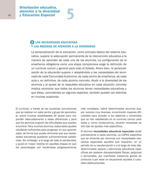 56
Orientación educativa,
atención a la diversidad
y Educación Especial 5
El currículo, a través de las sucesivas concreciones
que se realizan en cada centro y grupo de aprendiza-
je, prevé muchas posibilidades de ajuste para res-
ponder adecuadamente a estas diferencias y para
que los alumnos superen las dificultades que puedan
encontrar. Para muchos alumnos, todos estos ajustes
resultarán suficientes para progresar en sus aprendi-
zajes, de forma que puede afirmarse que sus necesi-
dades educativas quedarán suficientemente satisfe-
chas. Sin embargo, a lo largo de toda la escolaridad,
y quizá en mayor medida en aquellas etapas en que
los aprendizajes van haciéndose progresivamente
más complejos, habrá determinados alumnos que,
por razones muy diversas, encontrarán mayores difi-
cultades para acceder a los objetivos y contenidos
que se han establecido en el currículo común para
todos y, como consecuencia, tendrán necesidad de
otro tipo de ajustes más específicos.
El término necesidades educativas especiales alude
precisamente a estos alumnos. La LOPEG especifica
que se entiende por alumnos con necesidades edu-
cativas especiales aquéllos que requieren, en un
periodo de su escolarización o a lo largo de toda ella,
determinados apoyos y atenciones educativas espe-
cíficas por padecer discapacidades físicas, psíquicas
o sensoriales, por manifestar trastornos graves de
conducta o por estar en situaciones sociales o cultu-
rales desfavorecidas.
2 LAS NECESIDADES EDUCATIVAS
Y LAS MEDIDAS DE ATENCIÓN A LA DIVERSIDAD
La personalización de la educación, como principio básico del sistema edu-
cativo, supone la adecuación permanente de la intervención educativa a la
manera de aprender de cada uno de los alumnos. La configuración de la
enseñanza obligatoria como una etapa comprensiva exige la definición de
un currículo común y general para todo el Estado. Ahora bien, la personali-
zación de la educación supone ir adaptándolo a las necesidades del alum-
nado de cada Comunidad Autónoma, de cada centro de enseñanza, de cada
aula y, en definitiva, de cada alumno concreto. Aludir a la diversidad de los
alumnos y al ajuste de la respuesta educativa en cada situación concreta
implica reconocer que todos los alumnos tienen necesidades educativas y
que éstas, coincidentes en algunos aspectos, también pueden ser distintas
en muchas ocasiones.
Educación castellano 27/5/02 08:22 Página 56
 