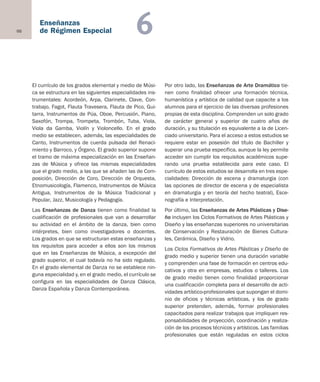 66
Enseñanzas
de Régimen Especial 6
El currículo de los grados elemental y medio de Músi-
ca se estructura en las siguientes especialidades ins-
trumentales: Acordeón, Arpa, Clarinete, Clave, Con-
trabajo, Fagot, Flauta Travesera, Flauta de Pico, Gui-
tarra, Instrumentos de Púa, Oboe, Percusión, Piano,
Saxofón, Trompa, Trompeta, Trombón, Tuba, Viola,
Viola da Gamba, Violín y Violoncello. En el grado
medio se establecen, además, las especialidades de
Canto, Instrumentos de cuerda pulsada del Renaci-
miento y Barroco, y Órgano. El grado superior supone
el tramo de máxima especialización en las Enseñan-
zas de Música y ofrece las mismas especialidades
que el grado medio, a las que se añaden las de Com-
posición, Dirección de Coro, Dirección de Orquesta,
Etnomusicología, Flamenco, Instrumentos de Música
Antigua, Instrumentos de la Música Tradicional y
Popular, Jazz, Musicología y Pedagogía.
Las Enseñanzas de Danza tienen como finalidad la
cualificación de profesionales que van a desarrollar
su actividad en el ámbito de la danza, bien como
intérpretes, bien como investigadores o docentes.
Los grados en que se estructuran estas enseñanzas y
los requisitos para acceder a ellos son los mismos
que en las Enseñanzas de Música, a excepción del
grado superior, el cual todavía no ha sido regulado.
En el grado elemental de Danza no se establece nin-
guna especialidad y, en el grado medio, el currículo se
configura en las especialidades de Danza Clásica,
Danza Española y Danza Contemporánea.
Por otro lado, las Enseñanzas de Arte Dramático tie-
nen como finalidad ofrecer una formación técnica,
humanística y artística de calidad que capacite a los
alumnos para el ejercicio de las diversas profesiones
propias de esta disciplina. Comprenden un solo grado
de carácter general y superior de cuatro años de
duración, y su titulación es equivalente a la de Licen-
ciado universitario. Para el acceso a estos estudios se
requiere estar en posesión del título de Bachiller y
superar una prueba específica, aunque la ley permite
acceder sin cumplir los requisitos académicos supe-
rando una prueba establecida para este caso. El
currículo de estos estudios se desarrolla en tres espe-
cialidades: Dirección de escena y dramaturgia (con
las opciones de director de escena y de especialista
en dramaturgia y en teoría del hecho teatral), Esce-
nografía e Interpretación.
Por último, las Enseñanzas de Artes Plásticas y Dise-
ño incluyen los Ciclos Formativos de Artes Plásticas y
Diseño y las enseñanzas superiores no universitarias
de Conservación y Restauración de Bienes Cultura-
les, Cerámica, Diseño y Vidrio.
Los Ciclos Formativos de Artes Plásticas y Diseño de
grado medio y superior tienen una duración variable
y comprenden una fase de formación en centros edu-
cativos y otra en empresas, estudios o talleres. Los
de grado medio tienen como finalidad proporcionar
una cualificación completa para el desarrollo de acti-
vidades artístico-profesionales que supongan el domi-
nio de oficios y técnicas artísticas, y los de grado
superior pretenden, además, formar profesionales
capacitados para realizar trabajos que impliquen res-
ponsabilidades de proyección, coordinación y realiza-
ción de los procesos técnicos y artísticos. Las familias
profesionales que están reguladas en estos ciclos
Educación castellano 27/5/02 08:22 Página 66
 