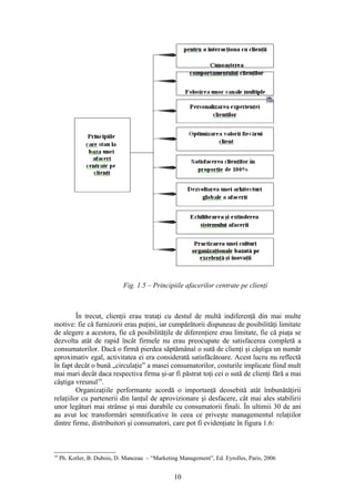 Fig. 1.5 – Principiile afacerilor centrate pe clienţi



         În trecut, clienţii erau trataţi cu destul de multă indiferenţă din mai multe
motive: fie că furnizorii erau puţini, iar cumpărătorii dispuneau de posibilităţi limitate
de alegere a acestora, fie că posibilităţile de diferenţiere erau limitate, fie că piaţa se
dezvolta atât de rapid încât firmele nu erau preocupate de satisfacerea completă a
consumatorilor. Dacă o firmă pierdea săptămânal o sută de clienţi şi câştiga un număr
aproximativ egal, activitatea ei era considerată satisfăcătoare. Acest lucru nu reflectă
în fapt decât o bună „circulaţie” a masei consumatorilor, costurile implicate fiind mult
mai mari decât daca respectiva firma şi-ar fi păstrat toţi cei o sută de clienţi fără a mai
câştiga vreunul19.
         Organizaţiile performante acordă o importanţă deosebită atât îmbunătăţirii
relaţiilor cu partenerii din lanţul de aprovizionare şi desfacere, cât mai ales stabilirii
unor legături mai strânse şi mai durabile cu consumatorii finali. În ultimii 30 de ani
au avut loc transformări semnificative în ceea ce priveşte managementul relaţiilor
dintre firme, distribuitori şi consumatori, care pot fi evidenţiate în figura 1.6:



19
     Ph. Kotler, B. Dubois, D. Manceau – “Marketing Management”, Ed. Eyrolles, Paris, 2006


                                                  10
 