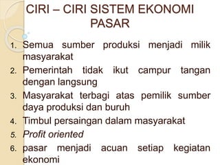 CIRI – CIRI SISTEM EKONOMI 
PASAR 
1. Semua sumber produksi menjadi milik 
masyarakat 
2. Pemerintah tidak ikut campur tangan 
dengan langsung 
3. Masyarakat terbagi atas pemilik sumber 
daya produksi dan buruh 
4. Timbul persaingan dalam masyarakat 
5. Profit oriented 
6. pasar menjadi acuan setiap kegiatan 
ekonomi 
 
